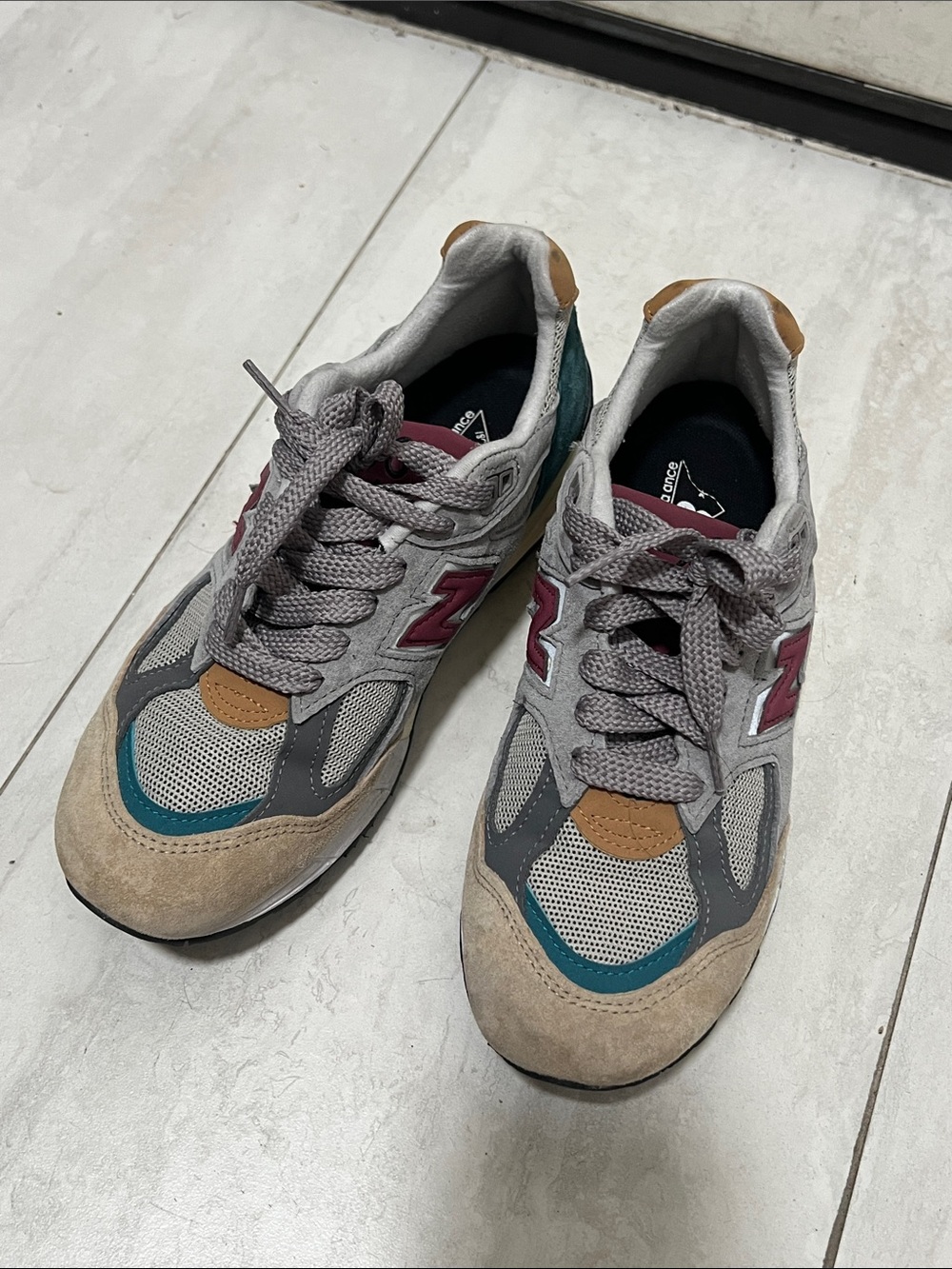 New Balance 990 Gray, Teal and Burgundy Sneakers